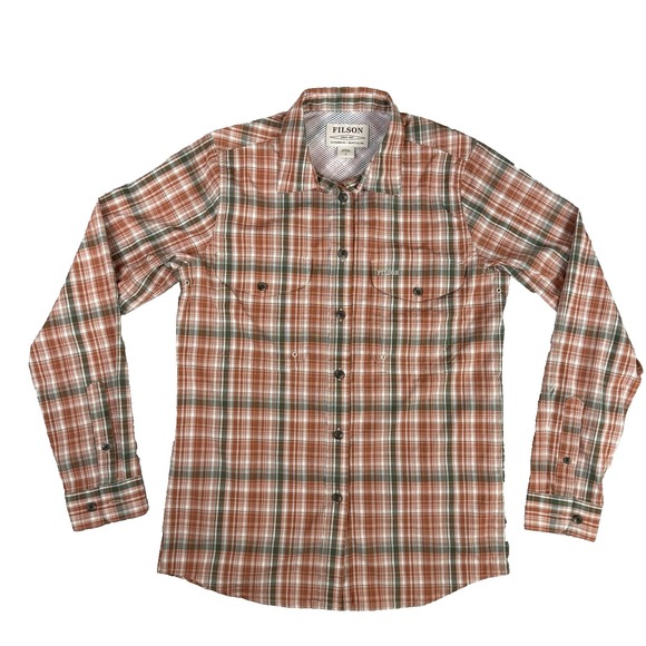 CC Filson Shirt‎ Womens S Orange Gray Plaid Vented Outdoor Lightweight Button - Picture 1 of 9